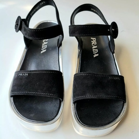PRADA black suede 38.5 8.5 logo round buckle open-toe silver wedge sandals shoes - Picture 5 of 7